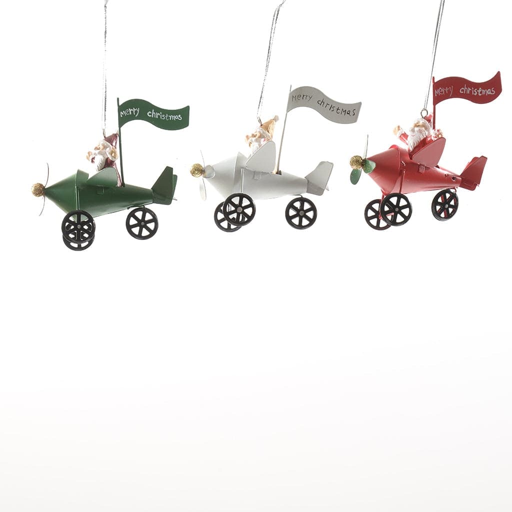 Pendente per albero di Natale Babbo Natale su aereo con scritta da 10 cm - 4