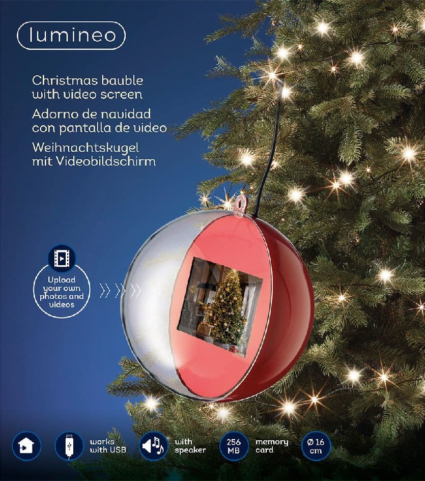 Pallina per albero di Natale con schermo video e LED luminosi da 15 cm - 6
