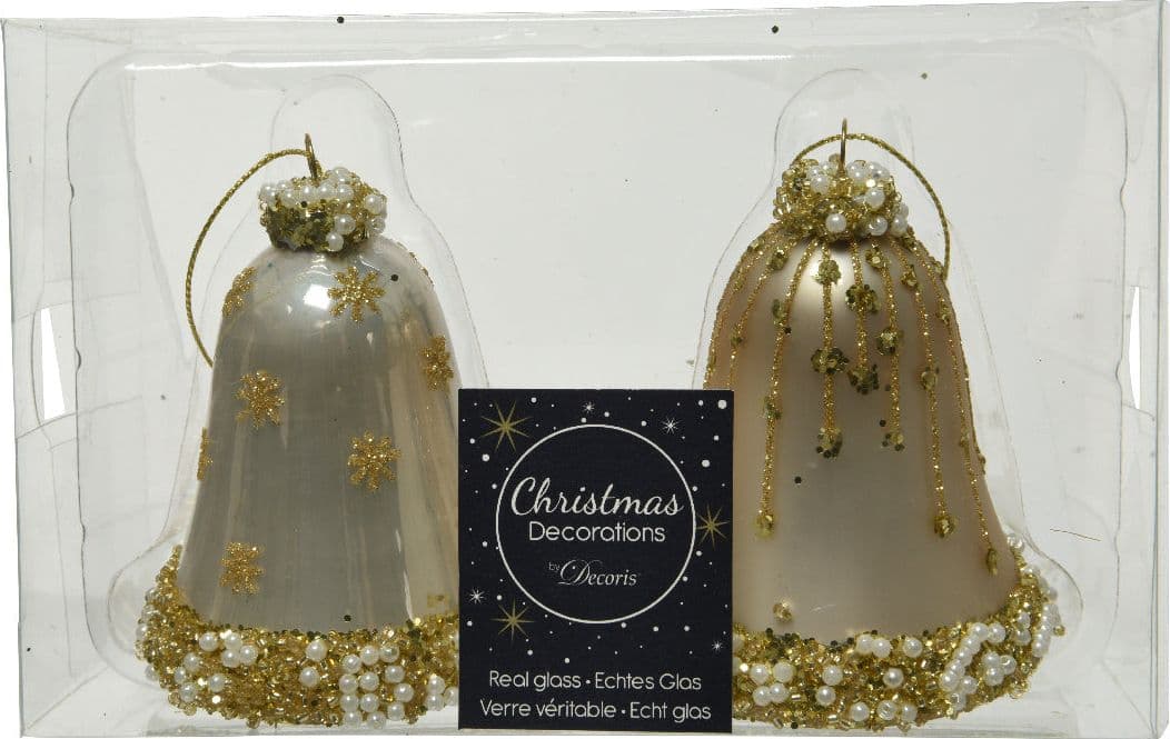 Pendenti per albero di Natale in vetro Campana Perla con glitter oro da 8 cm, confezione da 2 pezzi - 2