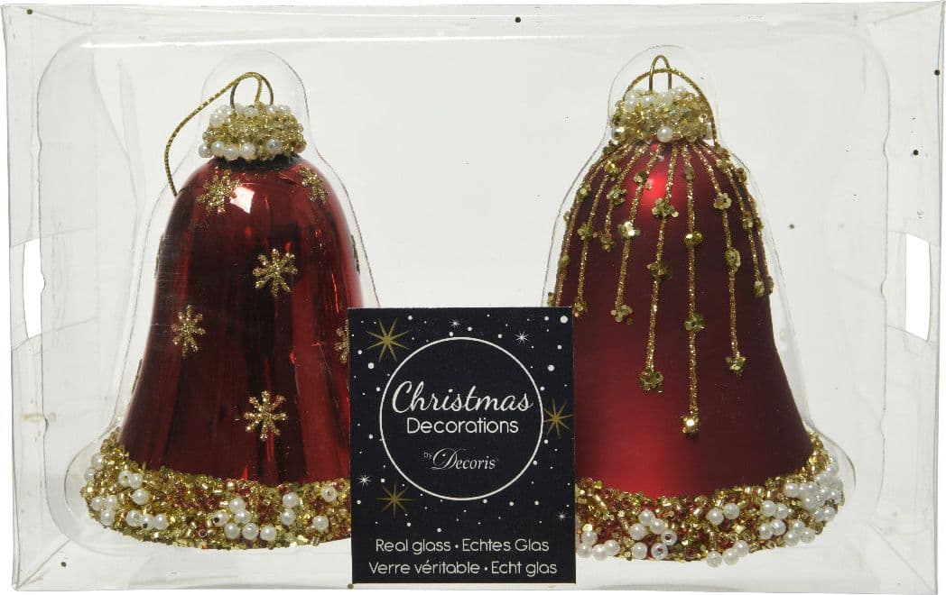 Pendenti per albero di Natale in vetro Campana Rosso Scuro con glitter oro da 8 cm, confezione da 2 pezzi - 2