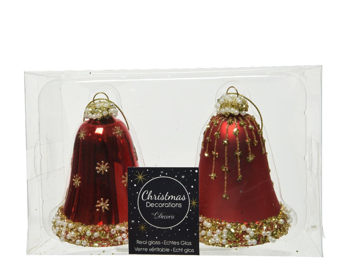 Pendenti per albero di Natale in vetro Campana Rosso Chiaro con glitter oro da 8 cm, confezione da 2 pezzi - 2