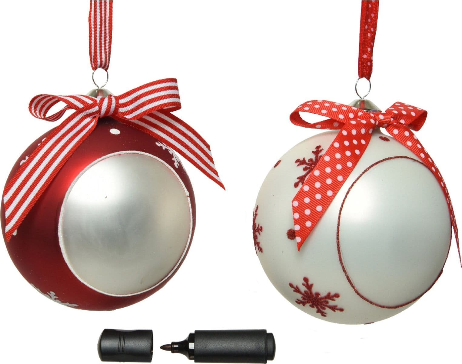 Pallina per albero di Natale in vetro color Rosso e Bianco con fiocco personalizzabile da 10 cm - 1