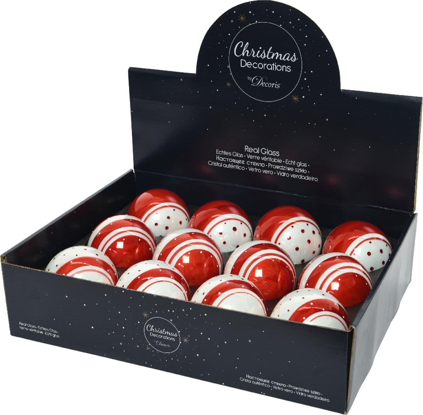 Palline per albero di Natale in vetro color Rosso e Bianco con strisce da 8 cm, confezione da 12 pezzi - 2