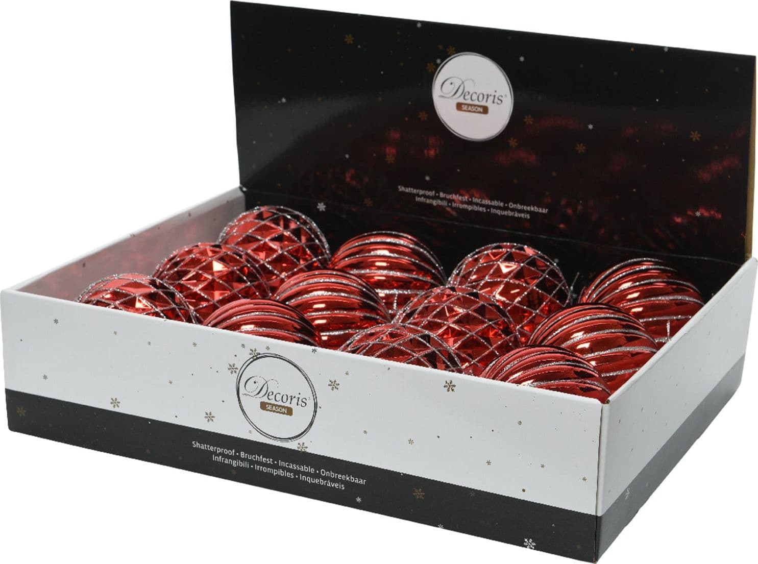 Palline per albero di natale in plastica infrangibile color Rosso Chiaro con strisce Argento da 10 cm, confezione da 12 pezzi - 2