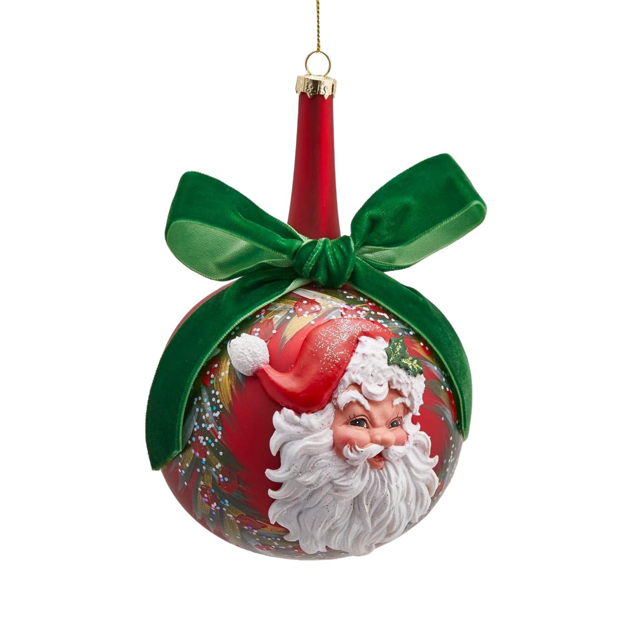 Pallina per albero di Natale in vetro con faccia di Babbo Natale e fiocco verde - 2
