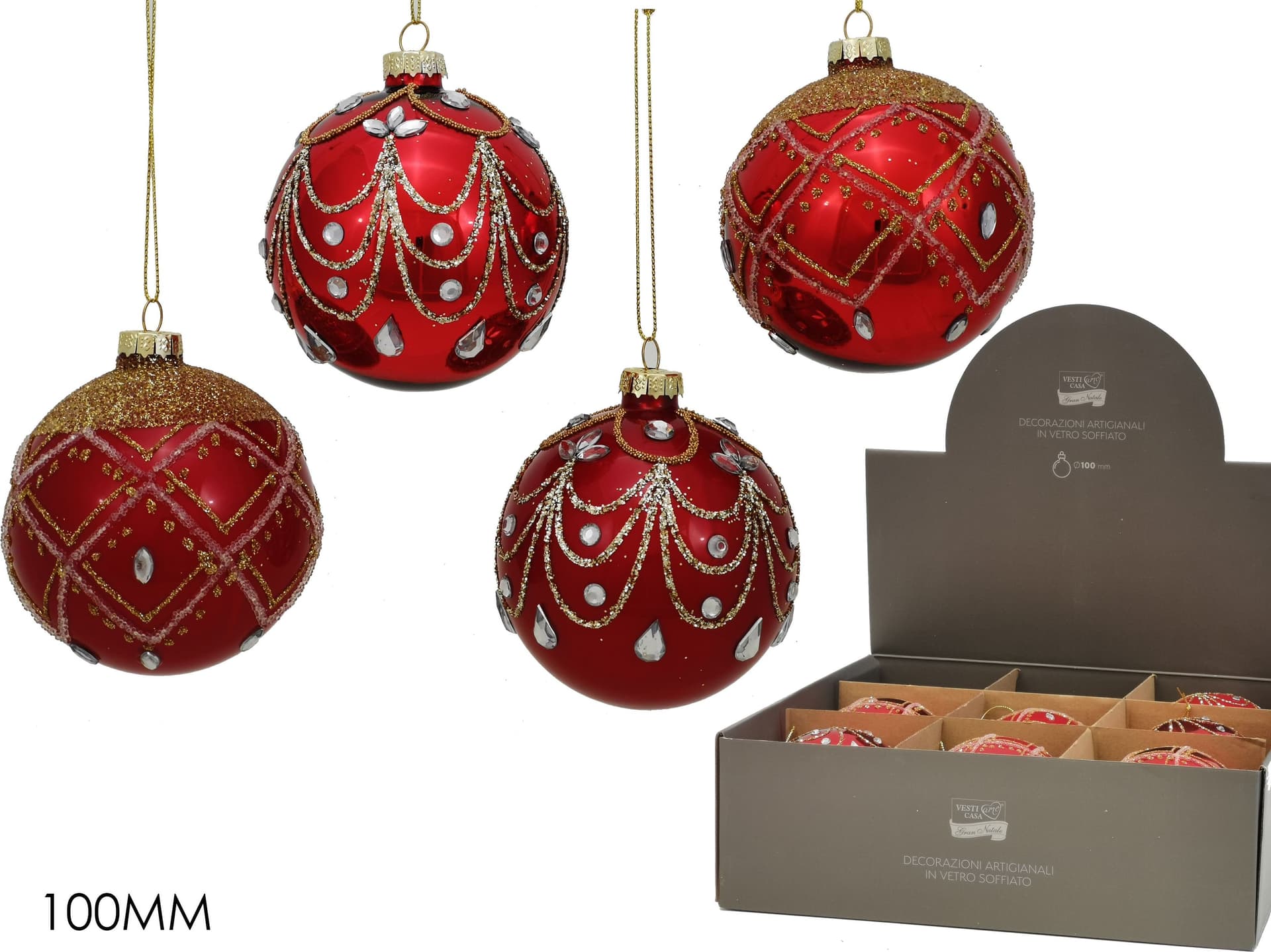 Palline in vetro "Rosso Glitterate" per albero di Natale moderno 9 sfere da ø 10 cm - 3