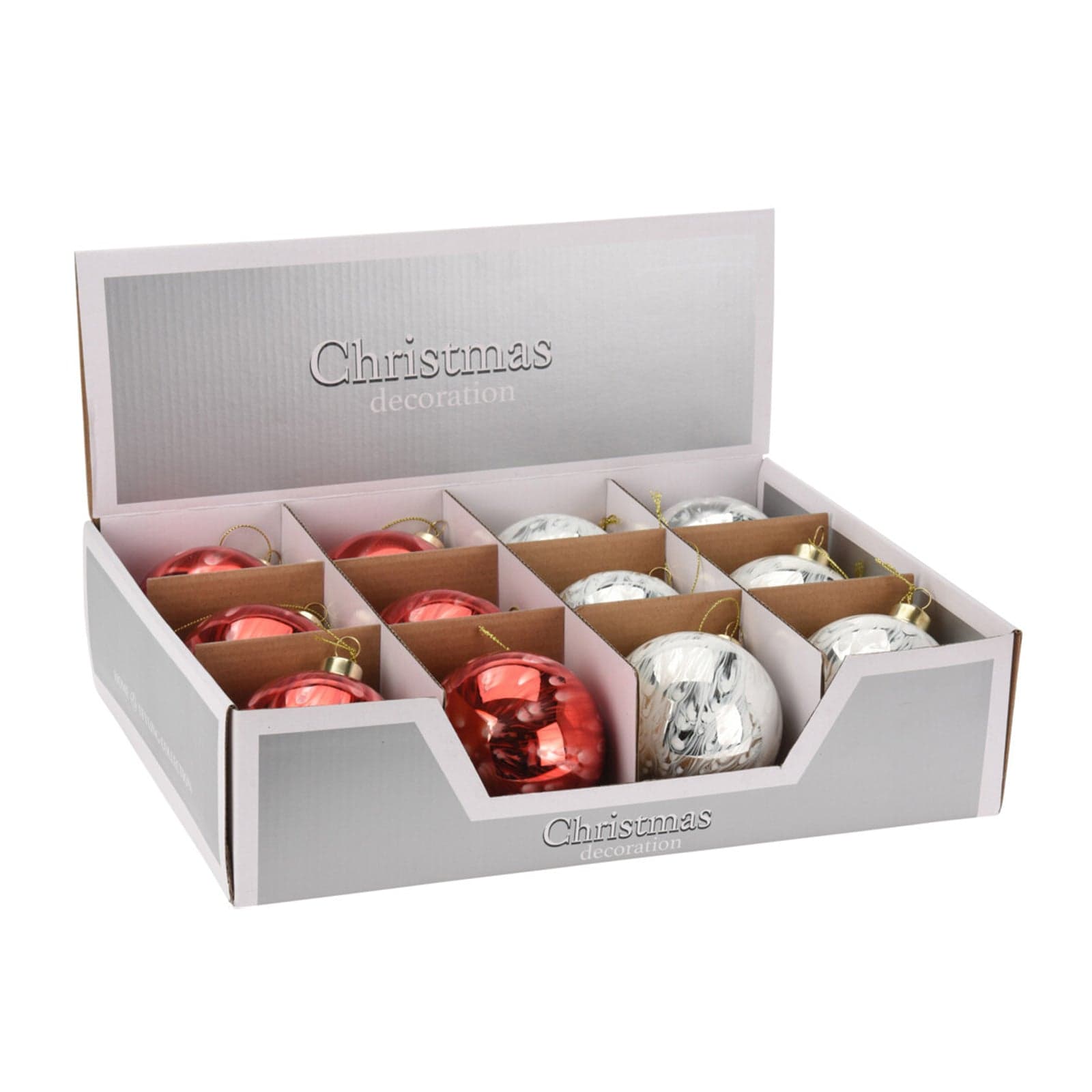 Set 12 Palline per albero di natale in vetro Bianco e Rosso pendaglio Tinta Unita Ø 8 cm - 2