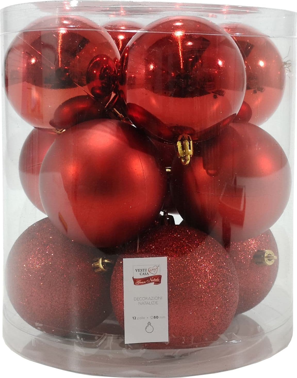 Palline in plastica "Mix Rosso" tinta unita per albero di Natale 12 sfere da ø 8 cm - 2