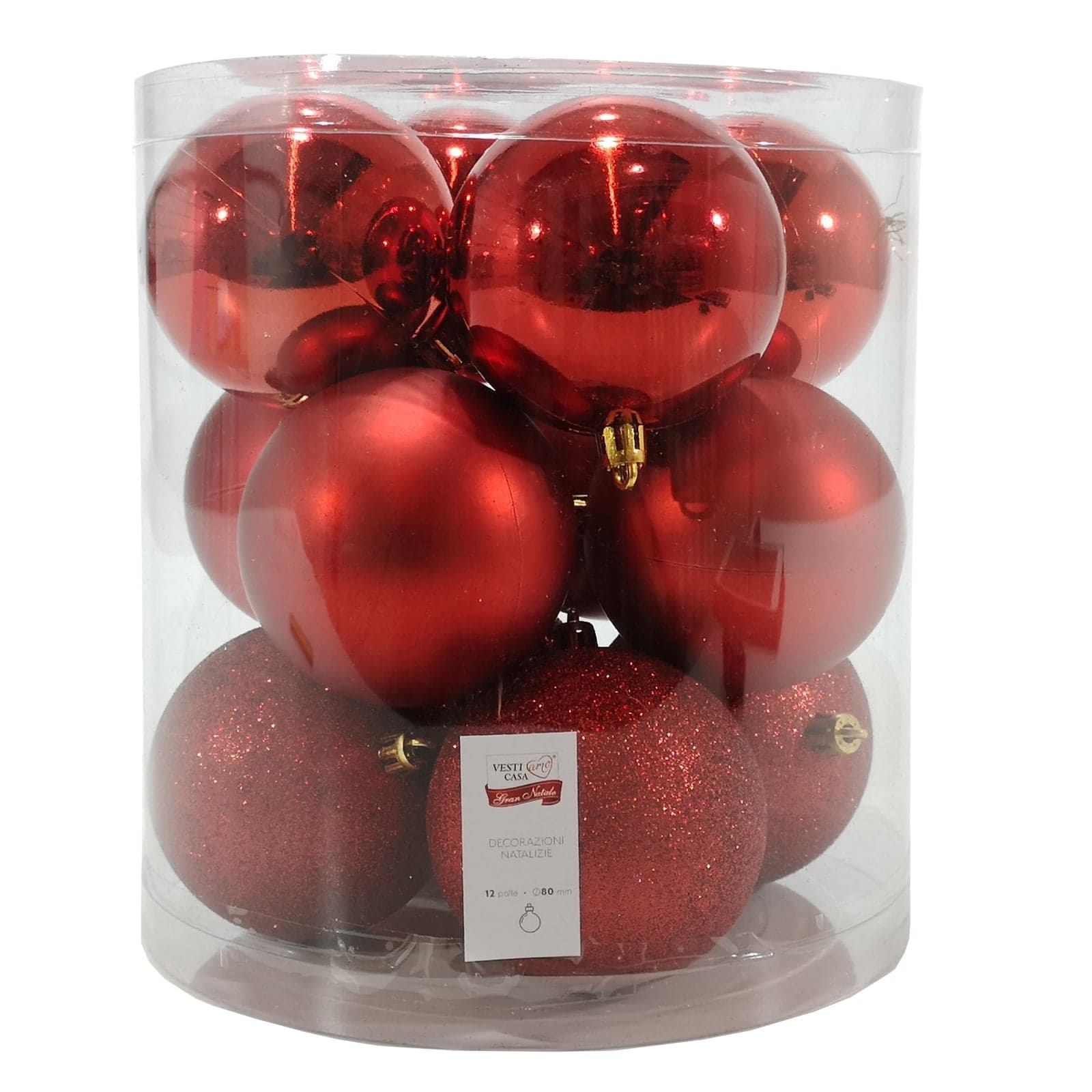 Palline in plastica "Mix Rosso" tinta unita per albero di Natale 12 sfere da ø 8 cm - 2