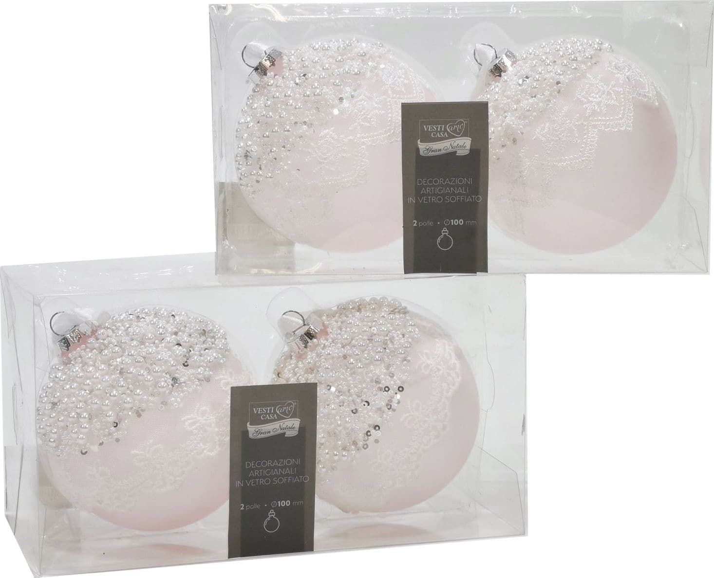 Palline con merletto "Rosa e Perle Bianche" per albero di Natale 4 sfere da ø 10 cm - 2