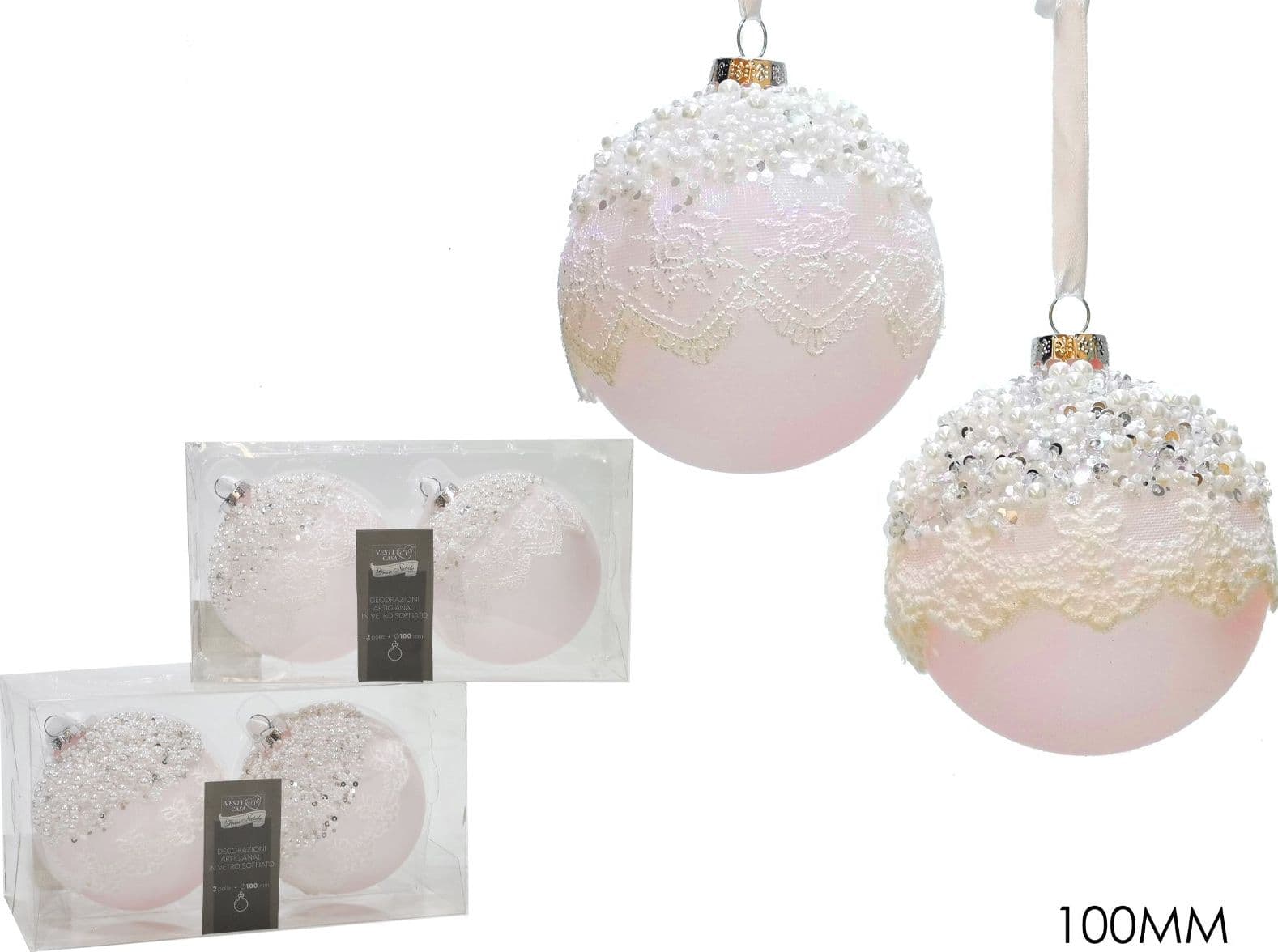 Palline con merletto "Rosa e Perle Bianche" per albero di Natale 4 sfere da ø 10 cm - 3