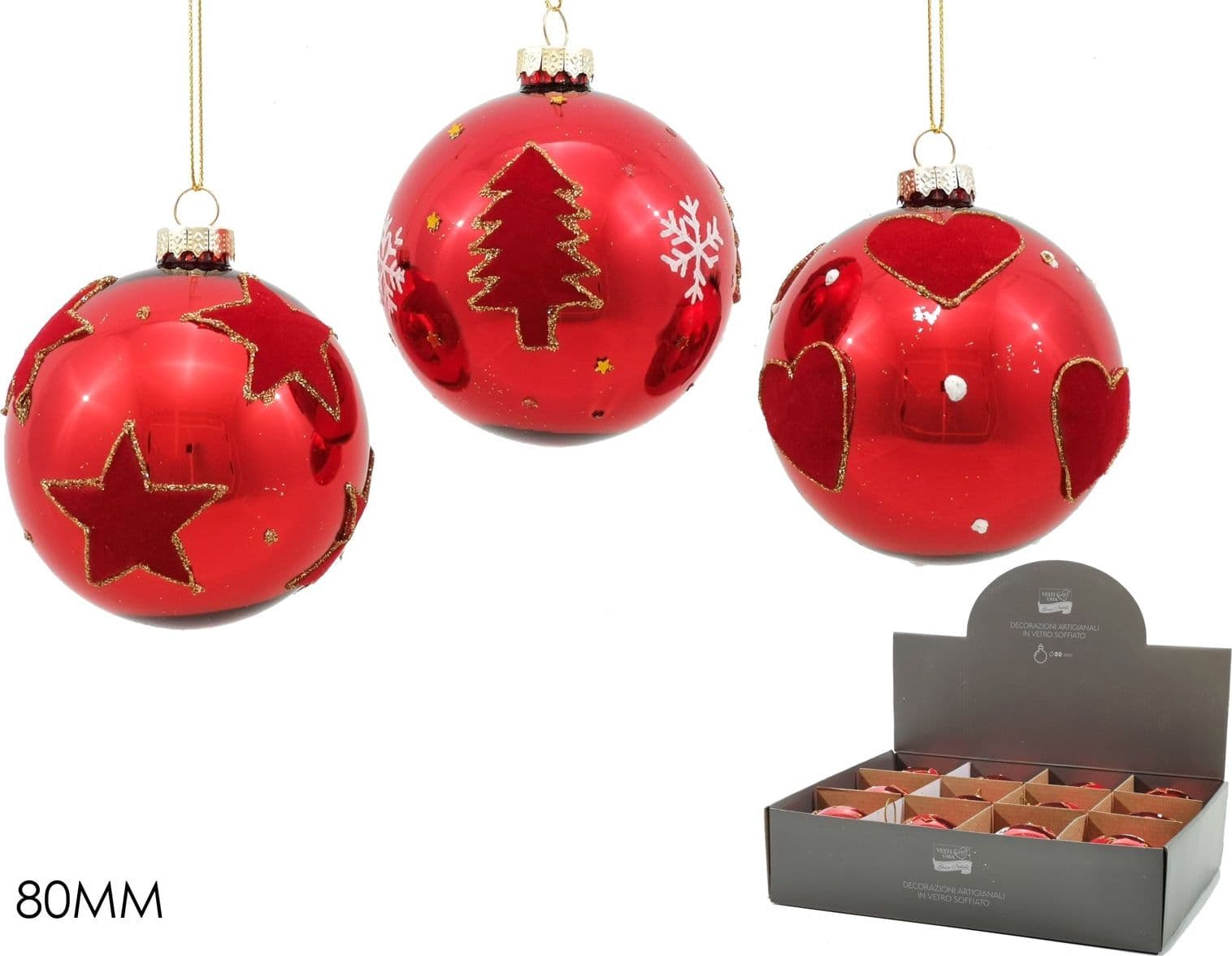 Palline in vetro "Rosso Lucente" con decorazione per albero di Natale 12 sfere da ø 8 cm - 5