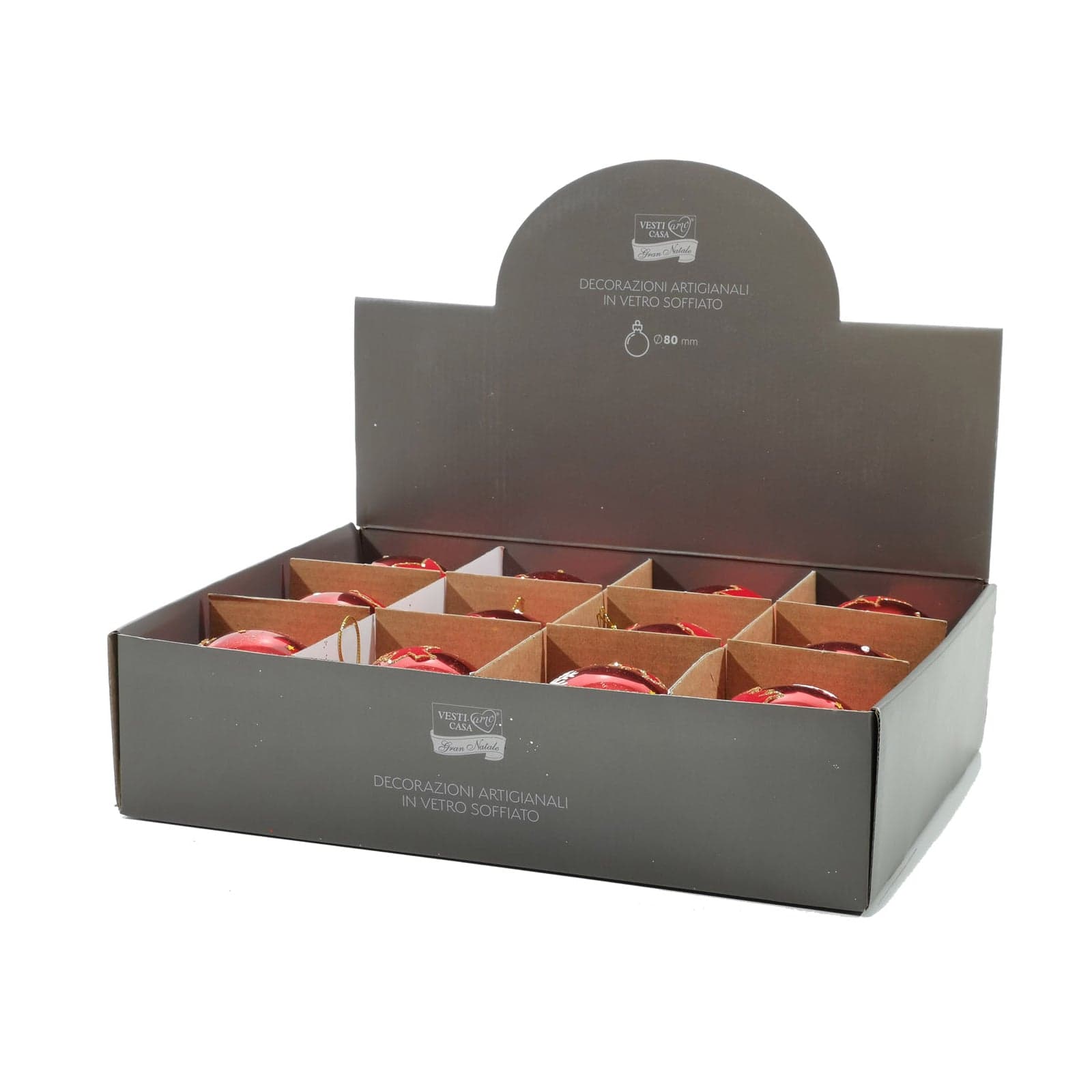 Palline in vetro "Rosso Lucente" con decorazione per albero di Natale 12 sfere da ø 8 cm - 6