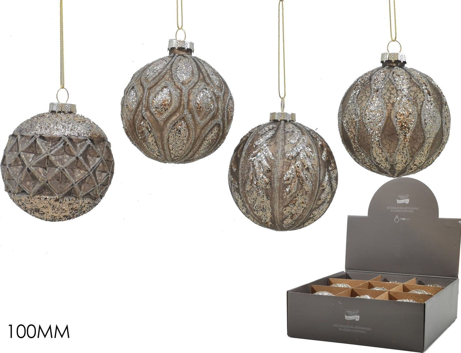 Palline in vetro "Champagne e Grigio" per albero di Natale moderno 9 sfere da ø 10 cm - 3