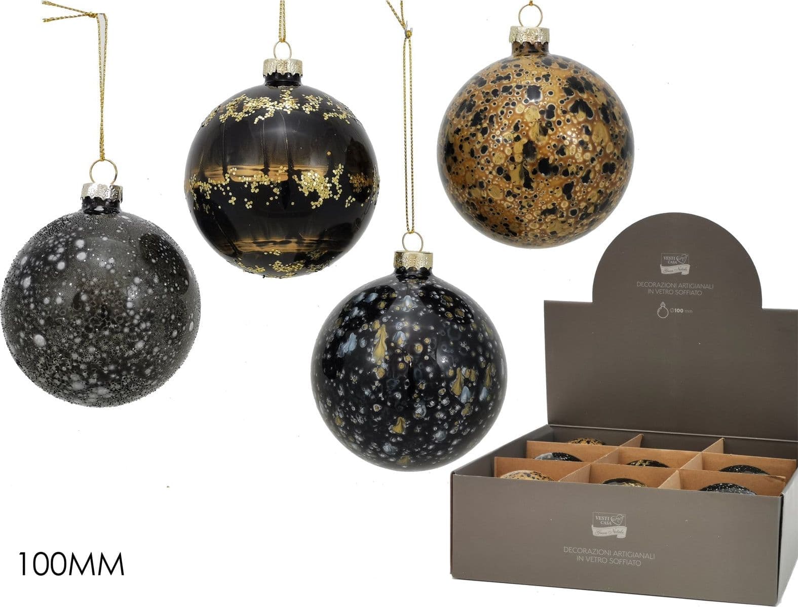 Palline in vetro "Nero e Oro" per albero di Natale moderno 9 sfere da ø 10 cm - 3