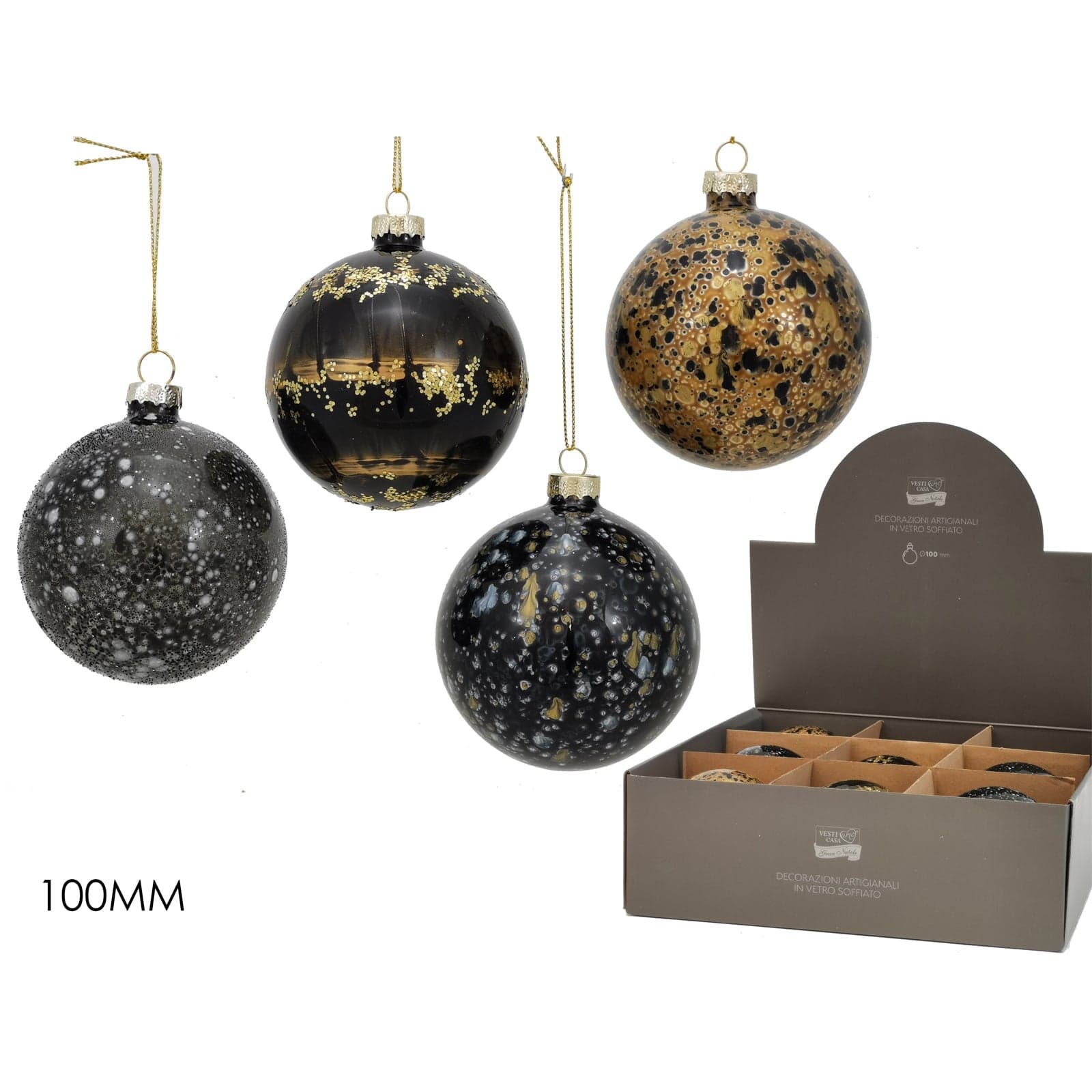 Palline in vetro "Nero e Oro" per albero di Natale moderno 9 sfere da ø 10 cm - 3