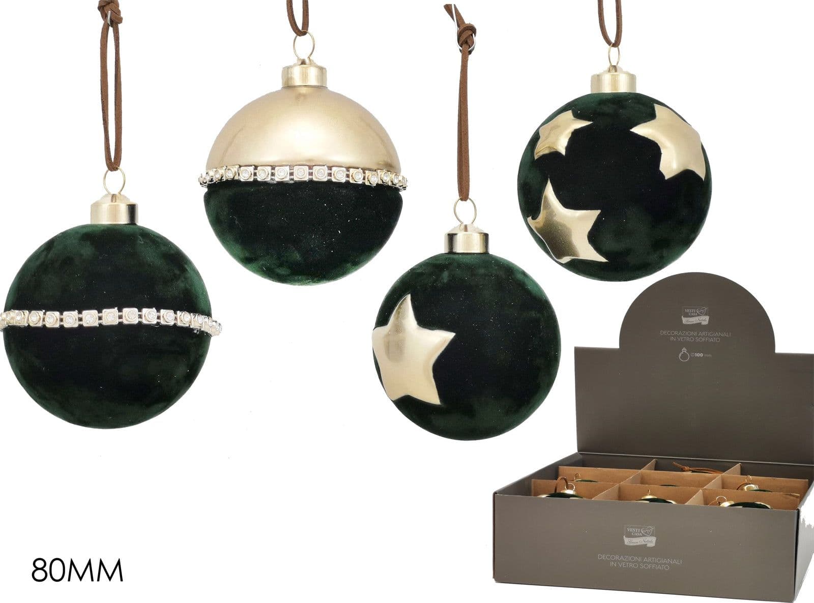 Palline in vetro "Verde con Stelle" vellutate per albero di Natale moderno 12 sfere da ø 8 cm - 3