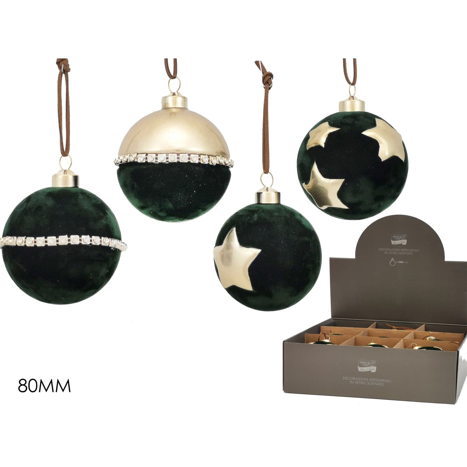 Palline in vetro "Verde con Stelle" vellutate per albero di Natale moderno 12 sfere da ø 8 cm - 3