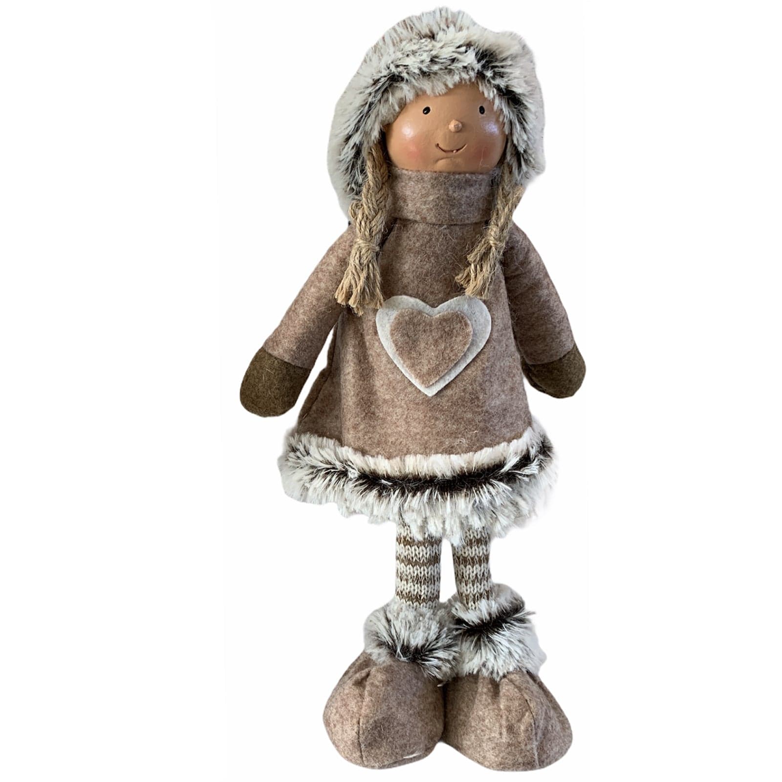 Bambolina in pezza con abito in pelliccia natalizia decorazione per ambiente marrone h 40 cm - 2