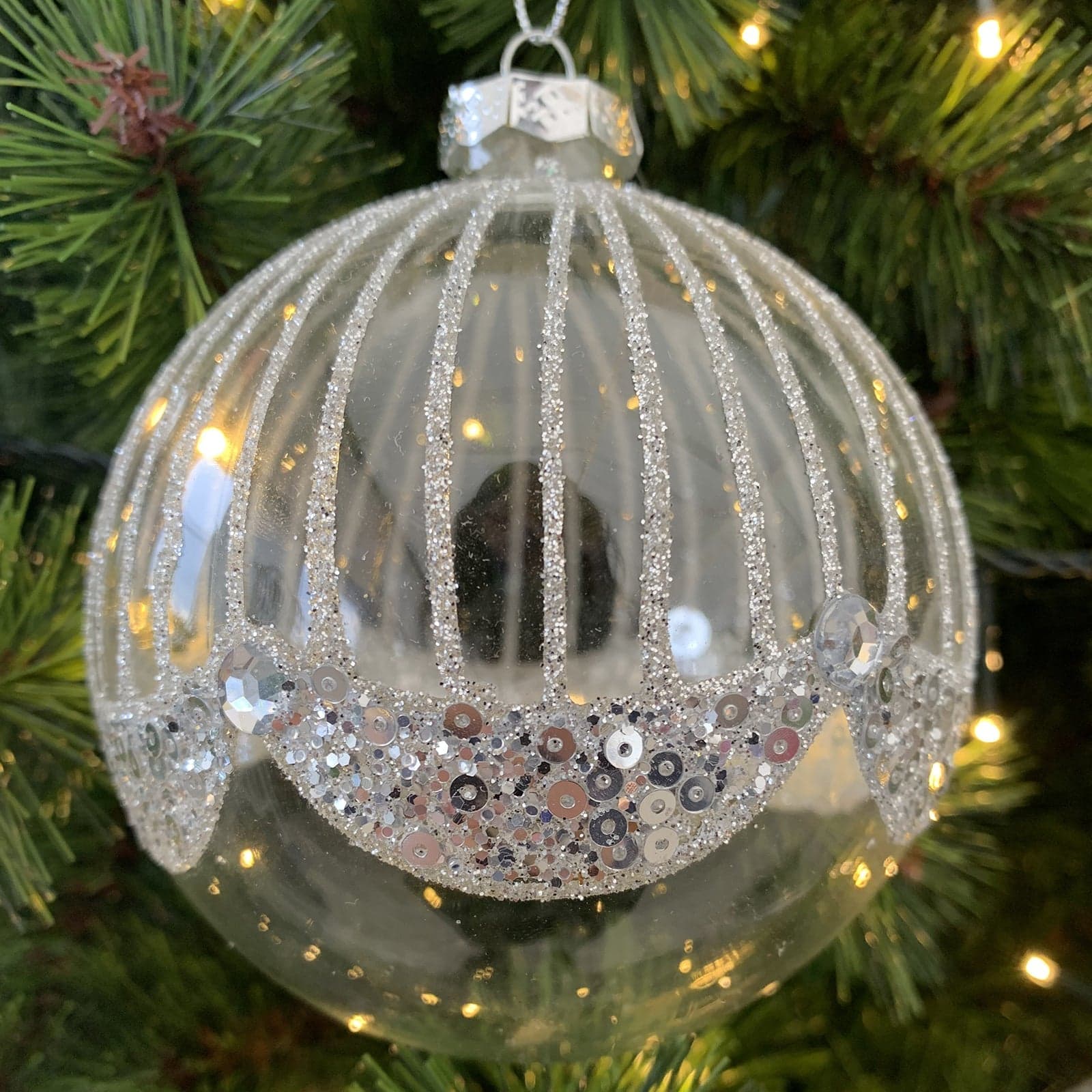 Pallina in vetro con paillettes silver per albero di natale sfera particolare - 2