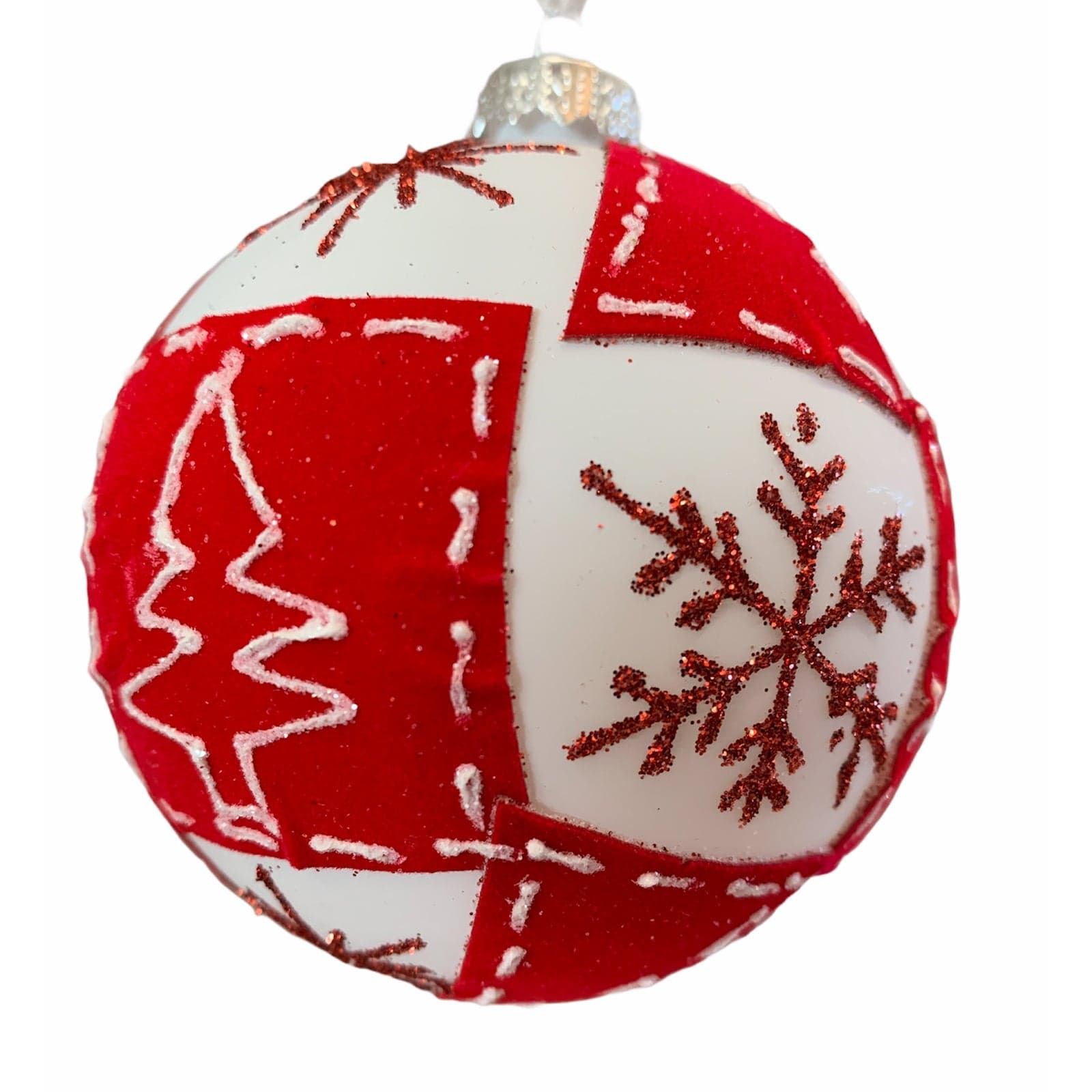 15 Palline per albero di natale in vetro bianco e velluto rosso da Ø 8 cm pendaglio decorato - 2