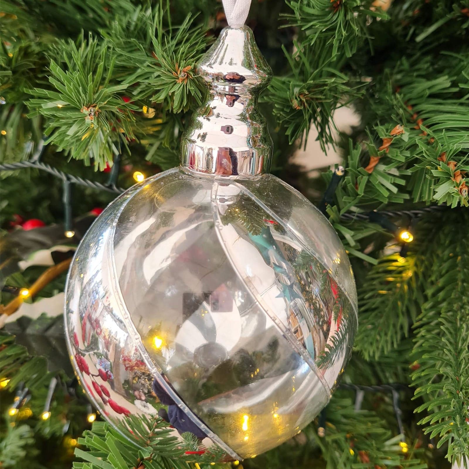 9 palline per albero di natale in vetro trasparente ed argento da Ø 10 cm pendaglio decorato - 2