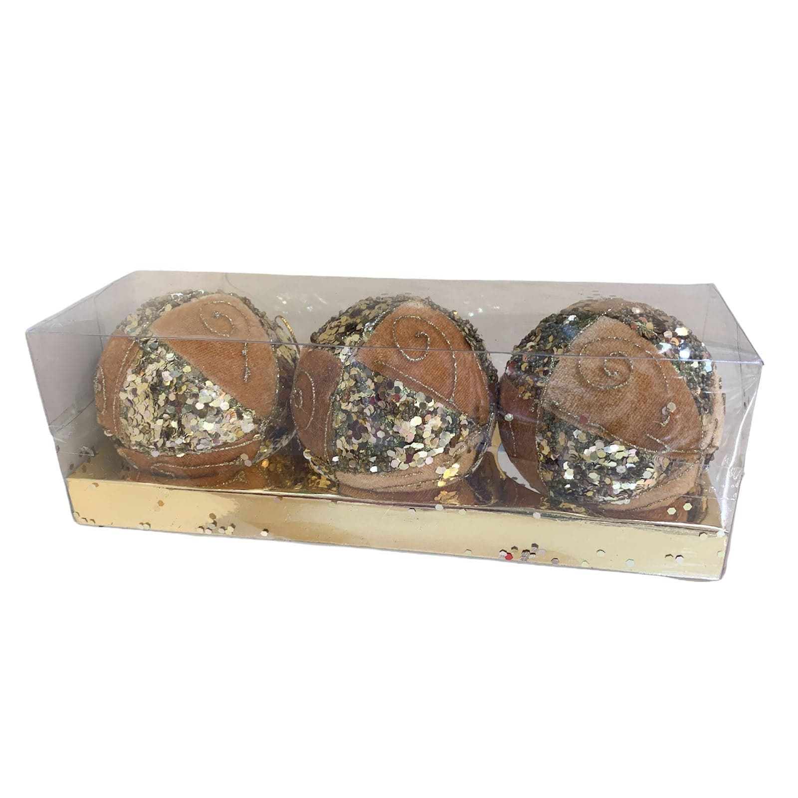 3 palline per albero di natale in velluto Oro con paillettes da Ø 7 cm pendaglio decorato - 2