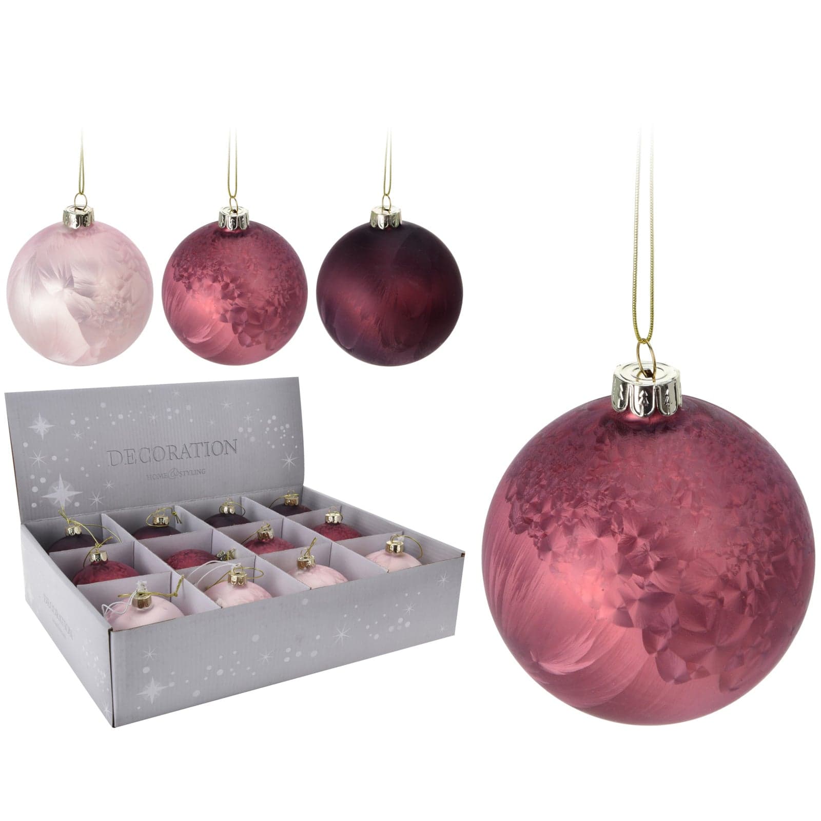 Pz 12 palline per albero di natale in vetro Rosa sfumate da Ø 8 cm pendaglio decorato - 2