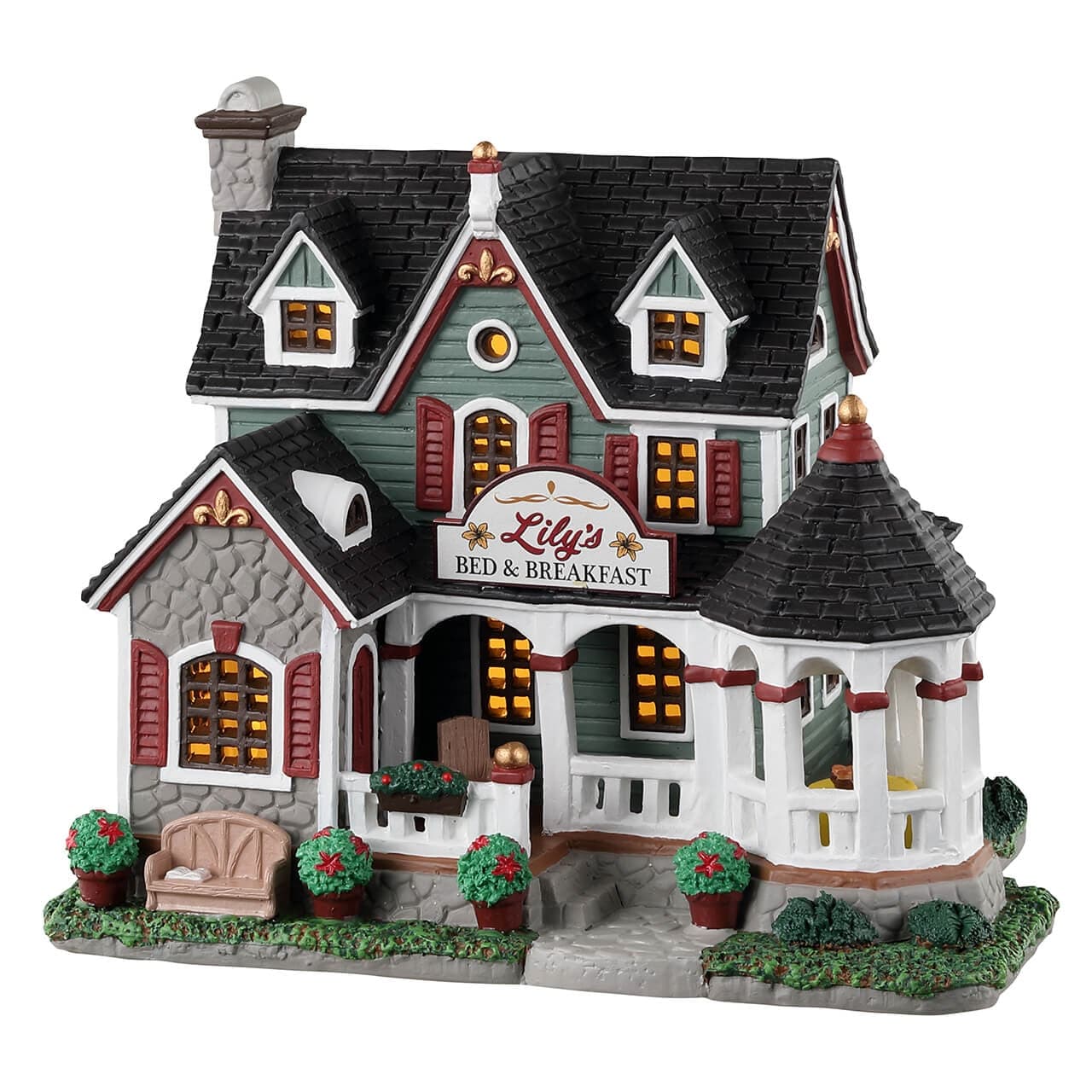 Decorazione "Lily's Bed & Breakfast" per Villaggio di Natale e presepe, in Porcellana da h 14,5 cm