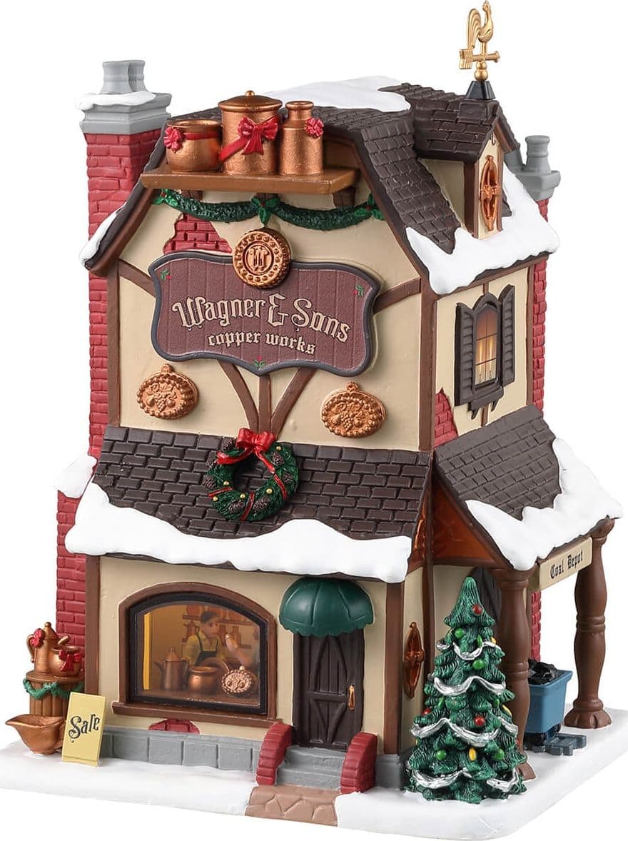 Decorazione "Wagner & Sons Copper Works" per Villaggio di Natale e presepe, in Porcellana da h 15 cm