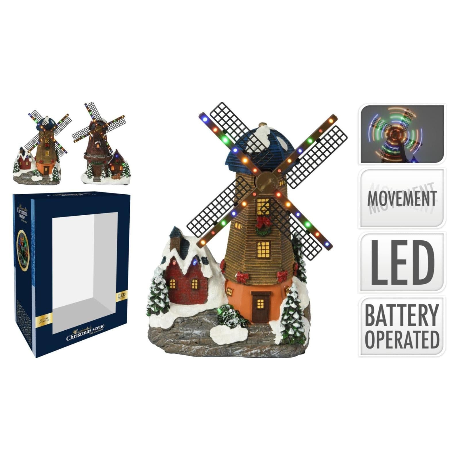 Mulino a vento edificio animato per villaggio di Natale con luci e movimento h 30 cm - 2