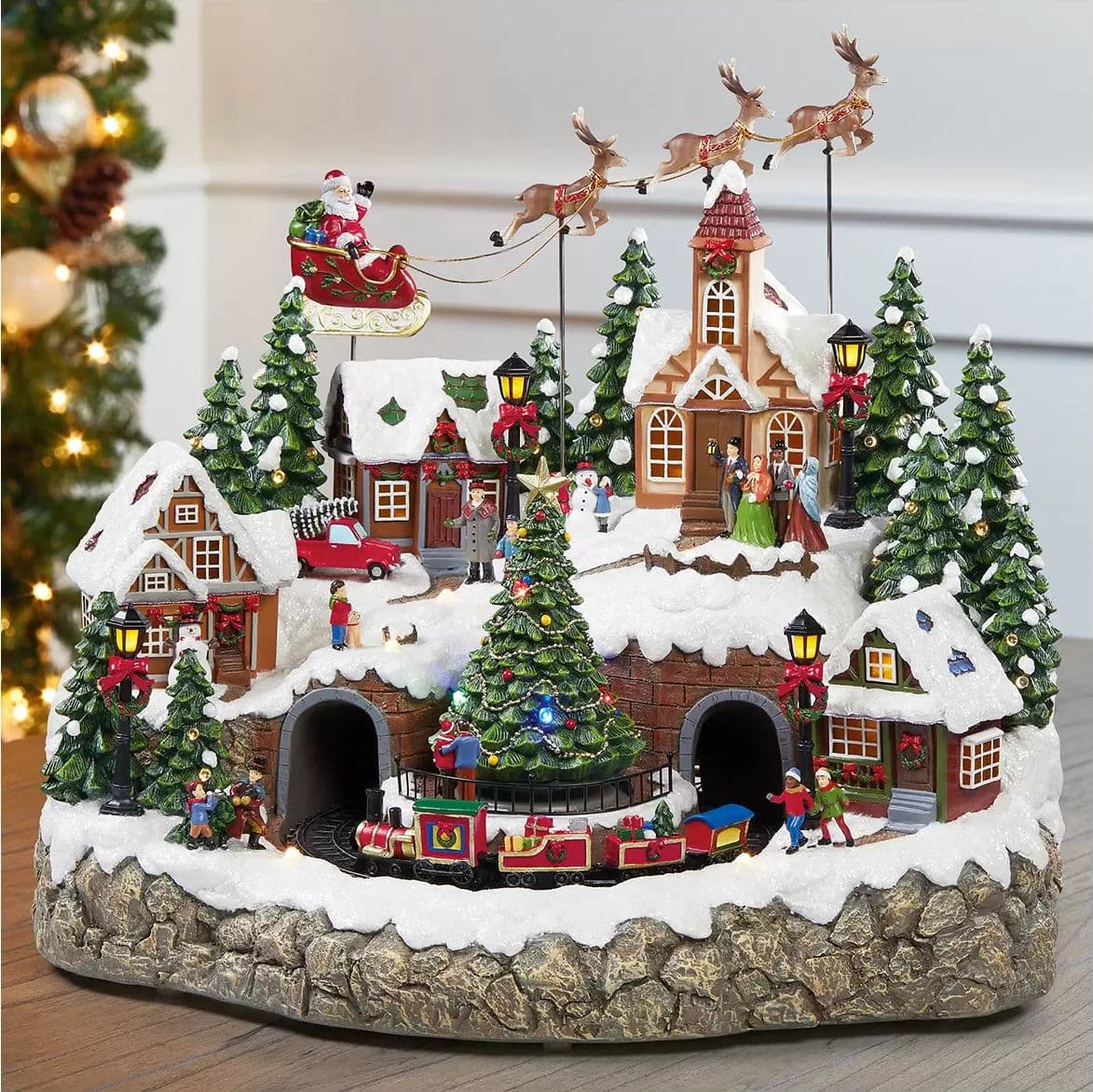 Scena animata a Led con negozi e babbo natale con renne con luci 40 cm - 2