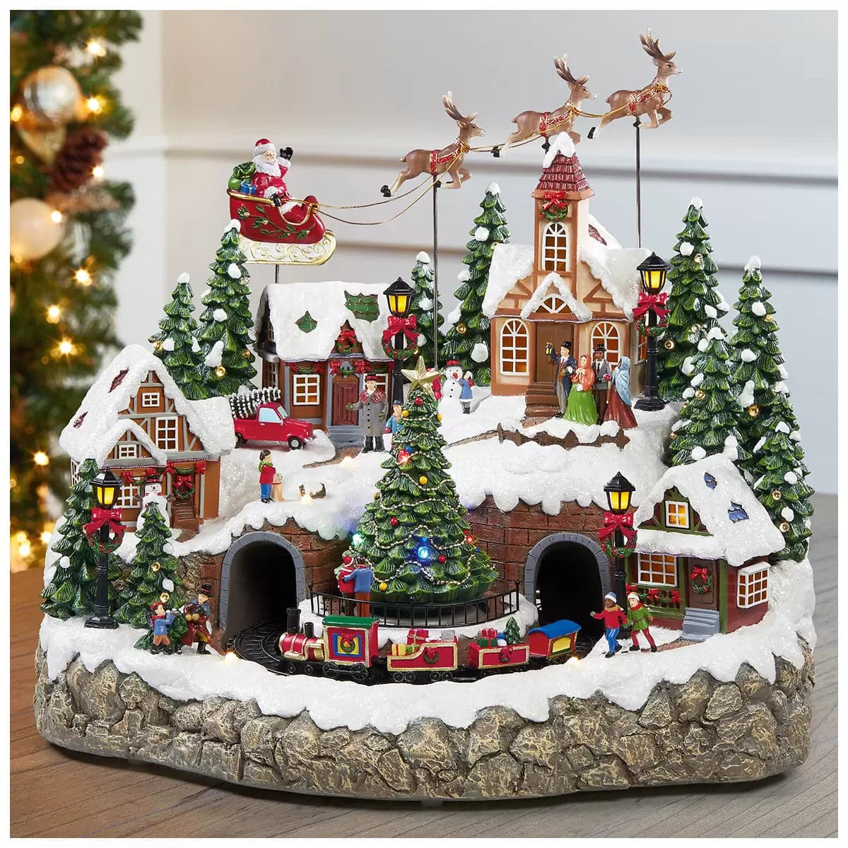 Scena animata a Led con negozi e babbo natale con renne con luci 40 cm - 2