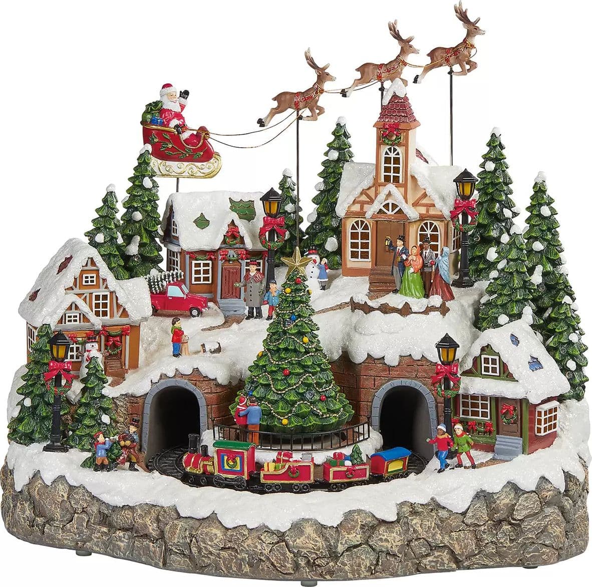 Scena animata a Led con negozi e babbo natale con renne con luci 40 cm - 3