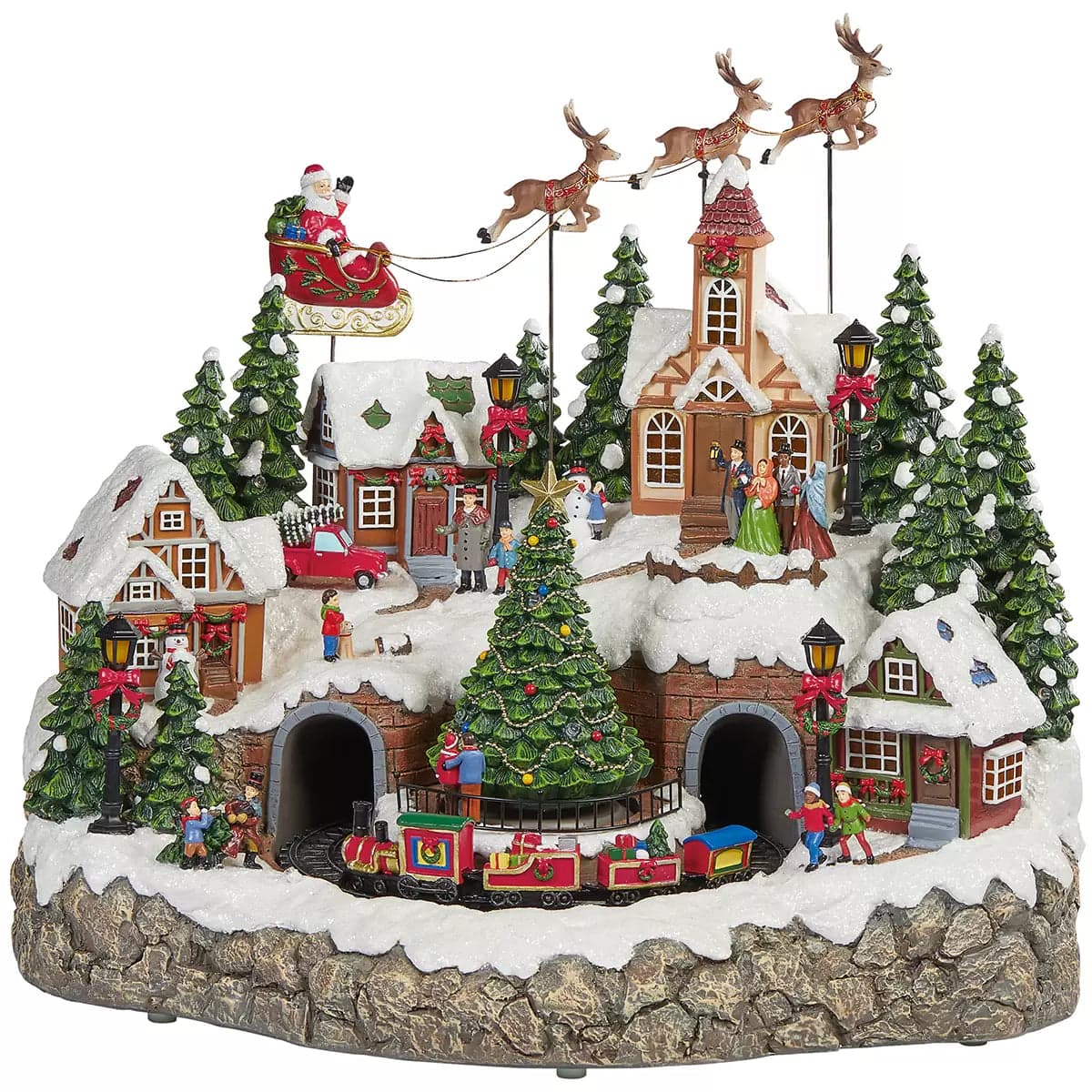 Scena animata a Led con negozi e babbo natale con renne con luci 40 cm - 3