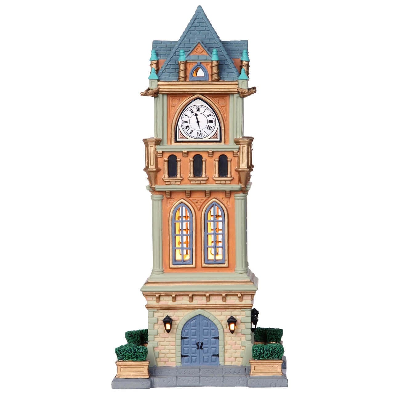 Torre dell'Orologio Comunale illuminata, edificio per villaggio di Natale in porcellana - 2