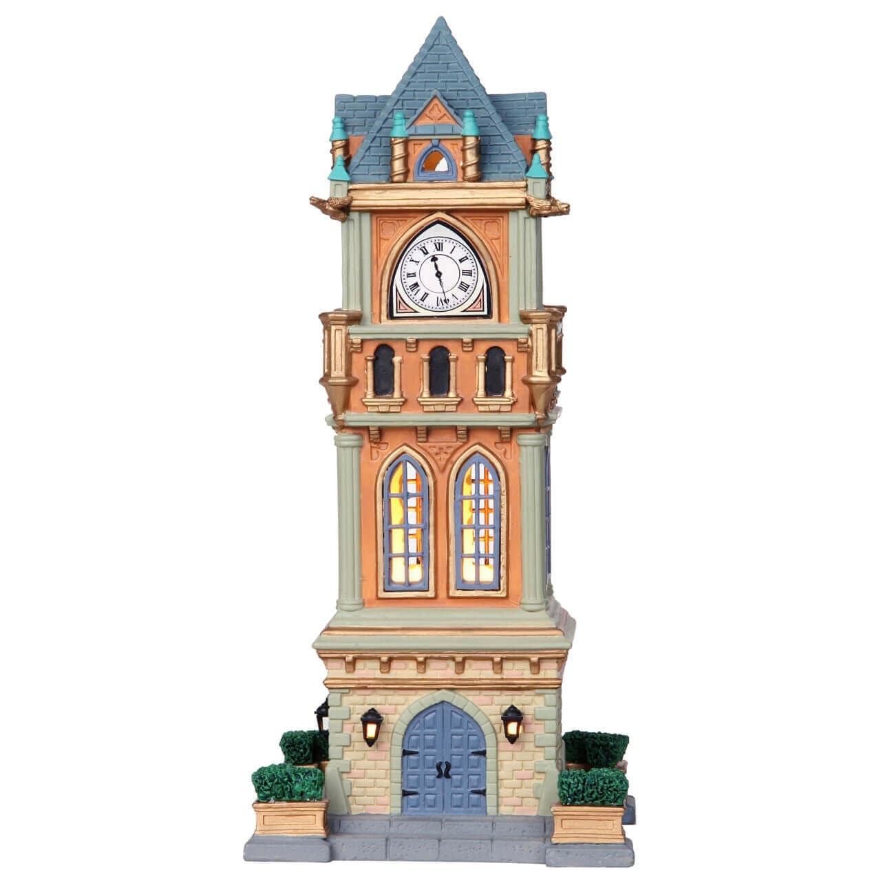 Torre dell'Orologio Comunale illuminata, edificio per villaggio di Natale in porcellana - 3