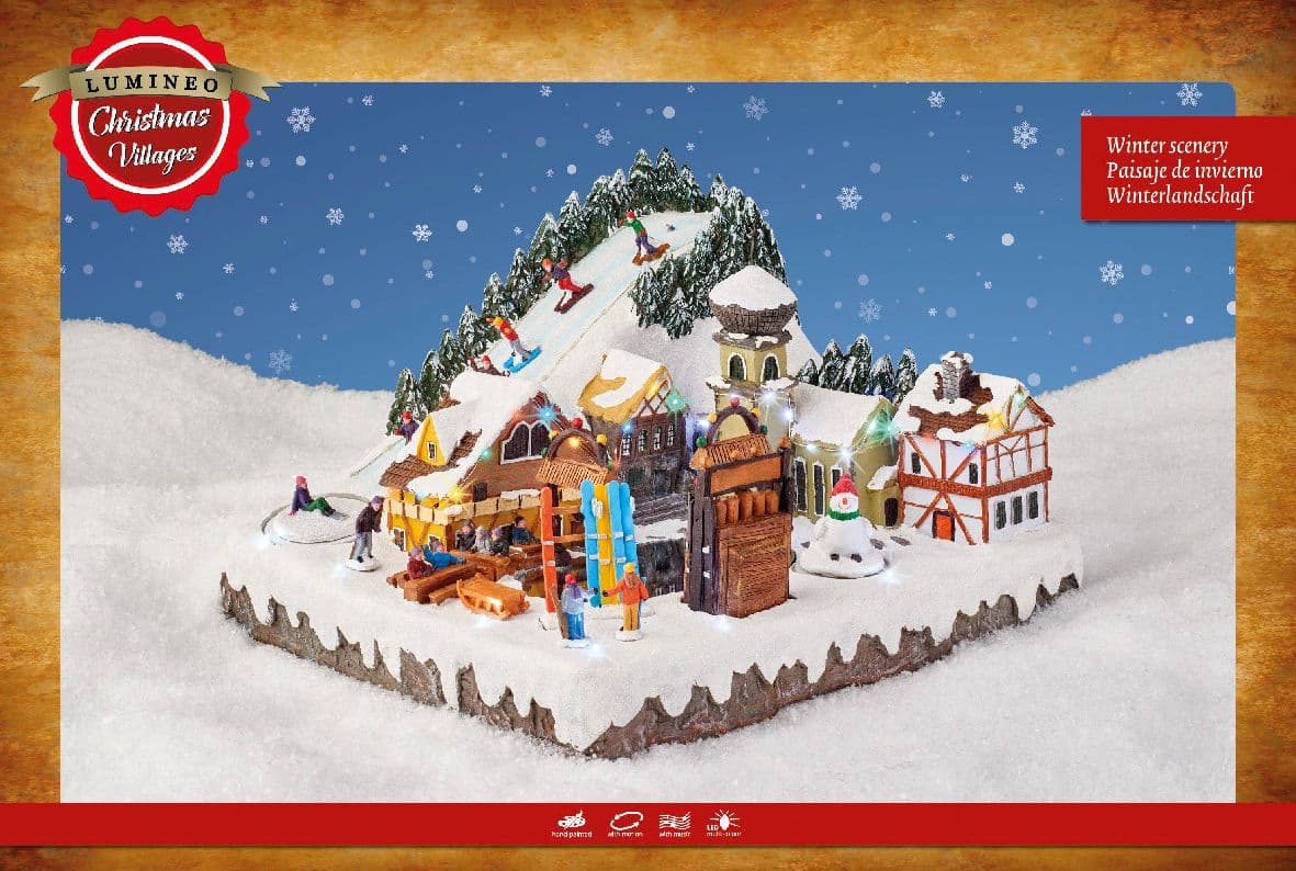 Scena animata a Led Villaggio innevato con scivolo e pista di sci, decorazione da 41 cm - 2