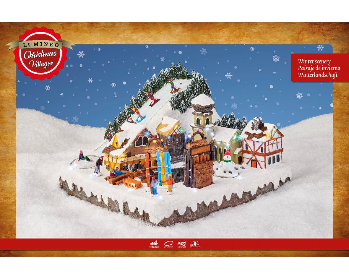 Scena animata a Led Villaggio innevato con scivolo e pista di sci, decorazione da 41 cm - 2