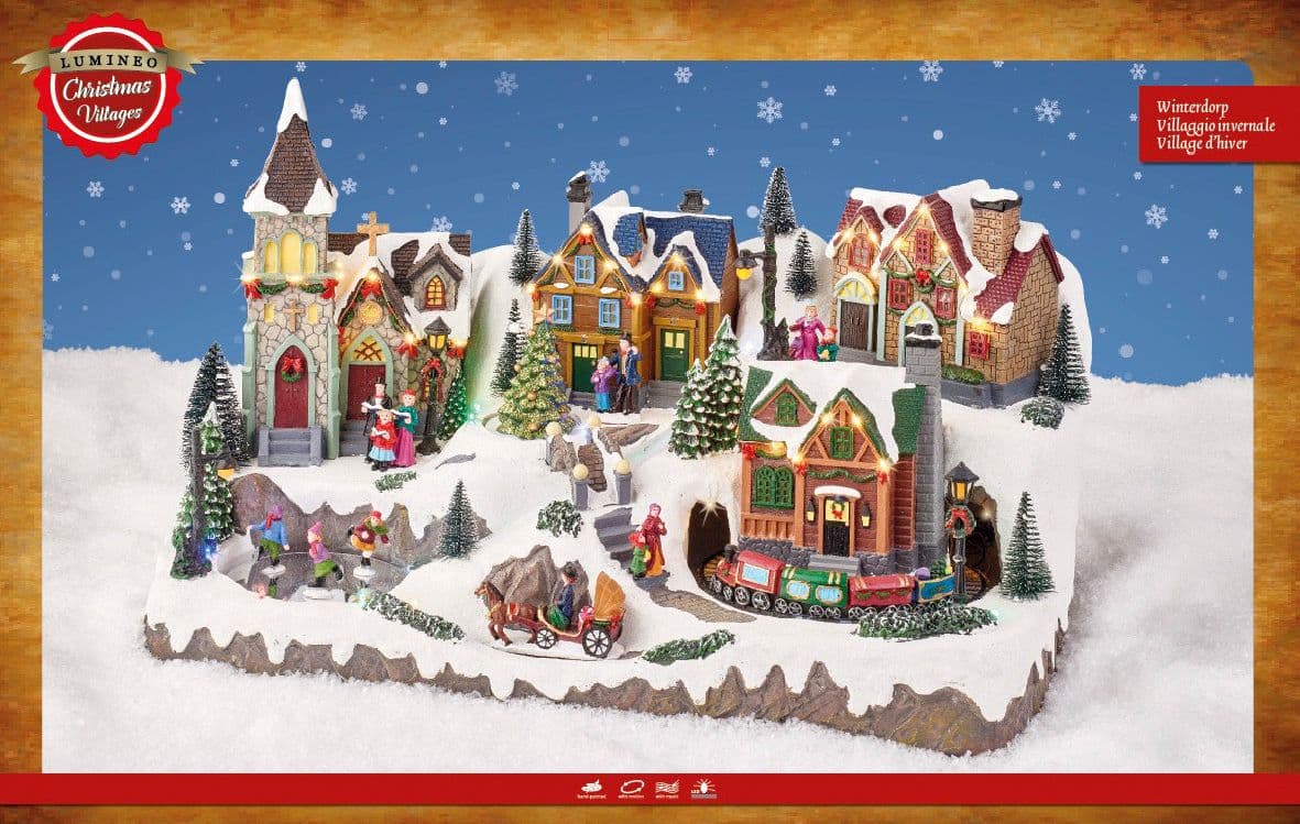 Scena animata a Led Villaggio innevato con personaggi e carrozza, decorazione da 33.50 cm - 2