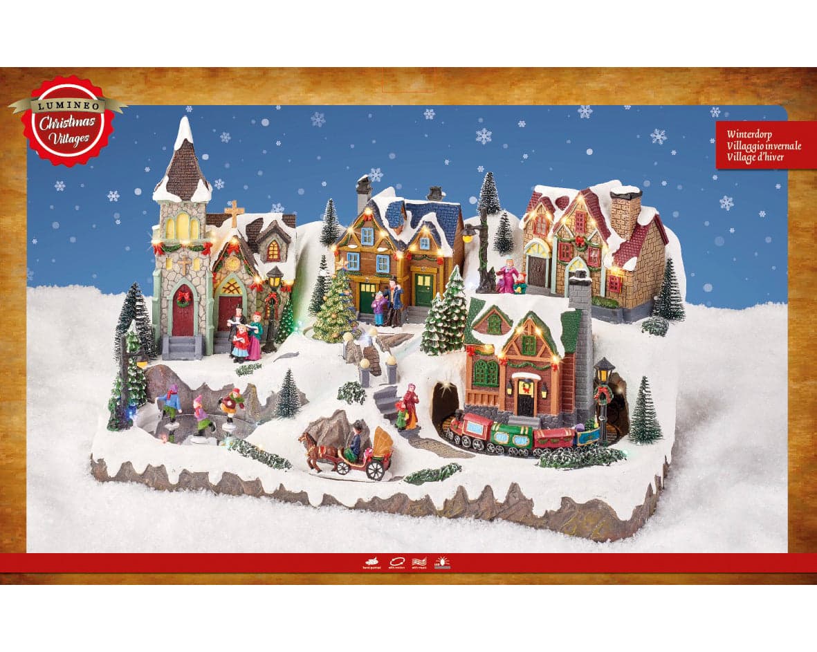 Scena animata a Led Villaggio innevato con personaggi e carrozza, decorazione da 33.50 cm - 2
