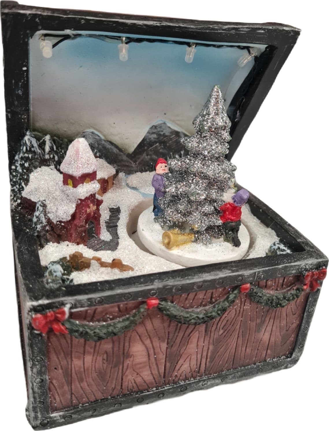 Scena natalizia scrigno con albero rotante per villaggio di Babbo Natale h 13 cm - 2