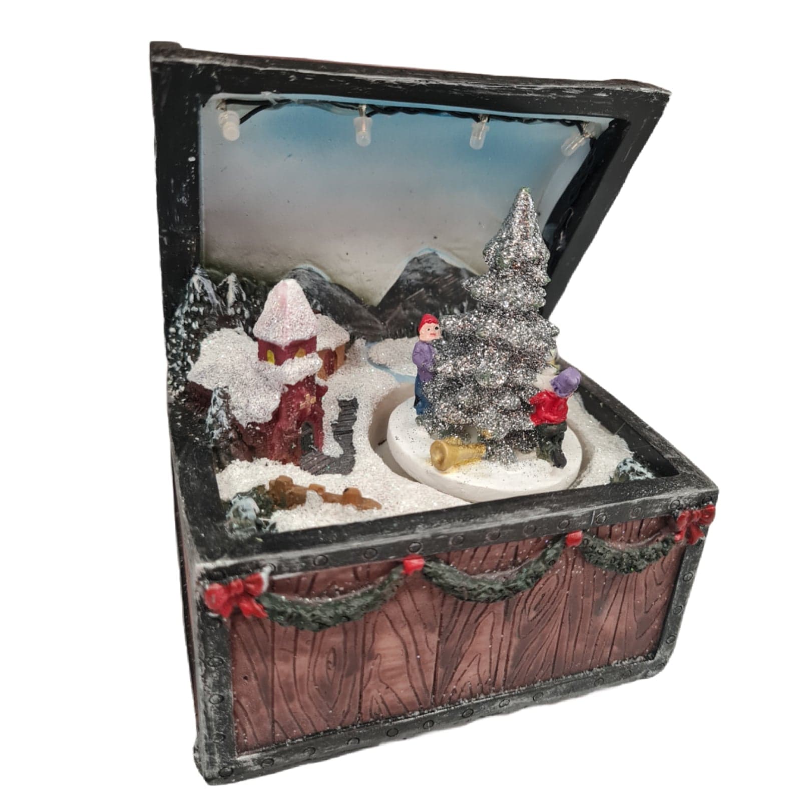 Scena natalizia scrigno con albero rotante per villaggio di Babbo Natale h 13 cm - 2