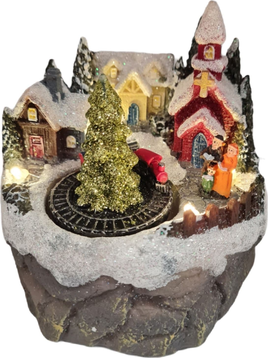 Scena natalizia con albero di natale rotante per villaggio di Babbo Natale h 13 cm - 2