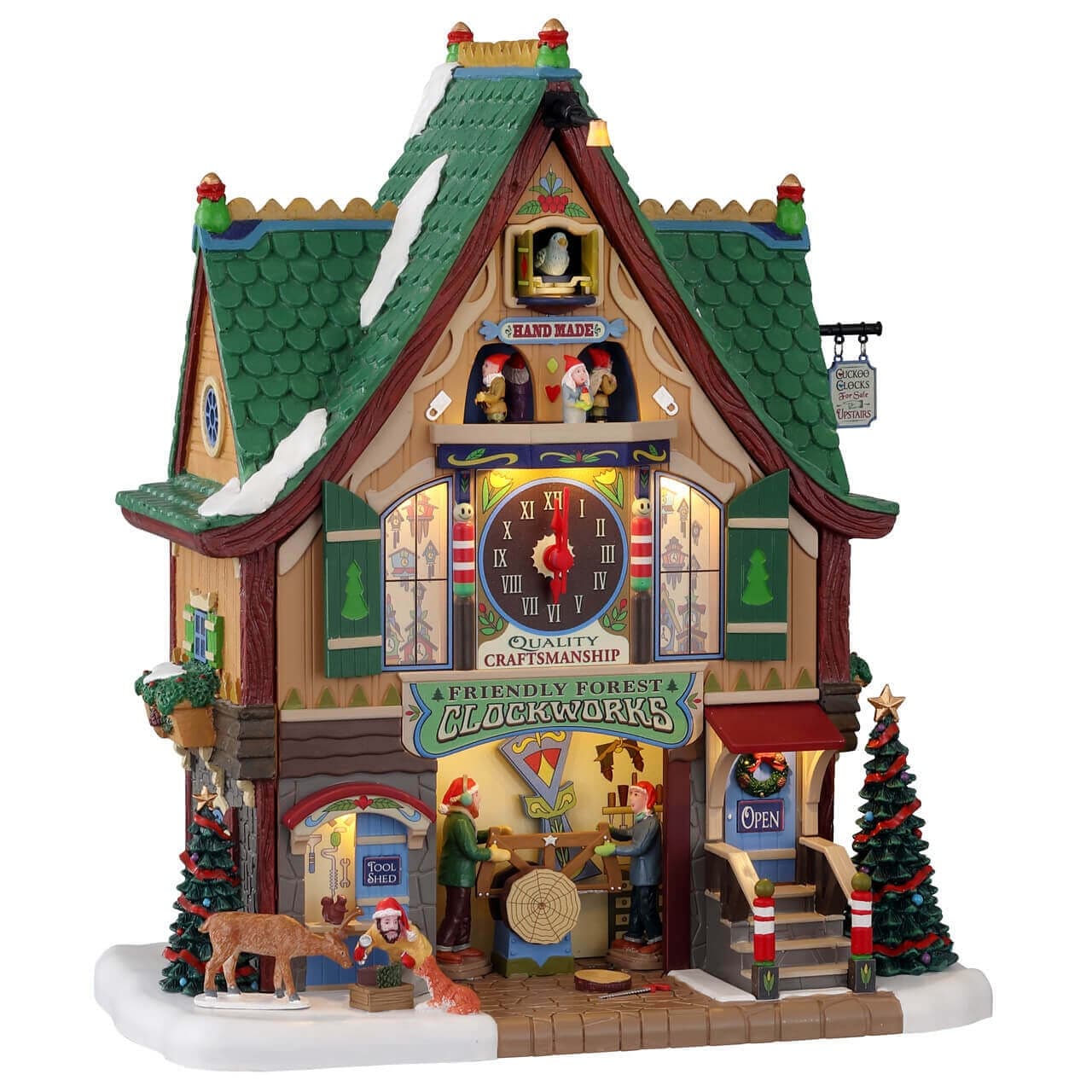 Casa orologio degli amici della foresta decorazione per villaggio di Natale in poliresina