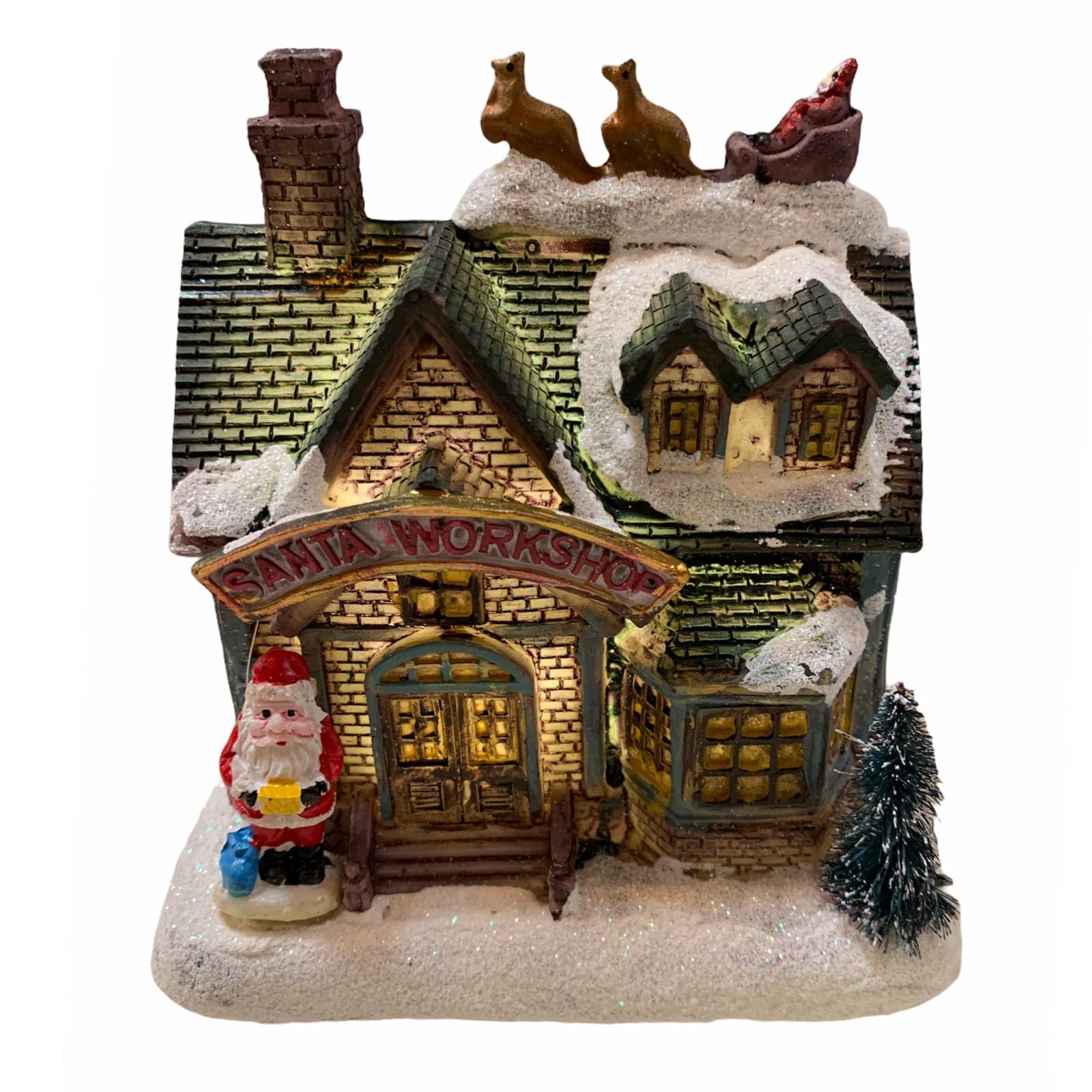 Laboratorio di Babbo Natale in poliresina con luci per villaggio Natalizio h 12 cm