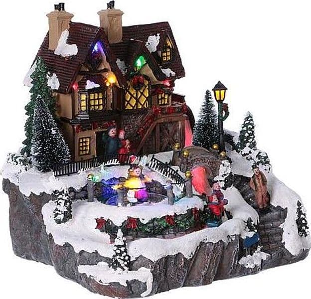 Scena animata per villaggio di Natale con pista da pattinaggio e cascata h 27 cm - 2