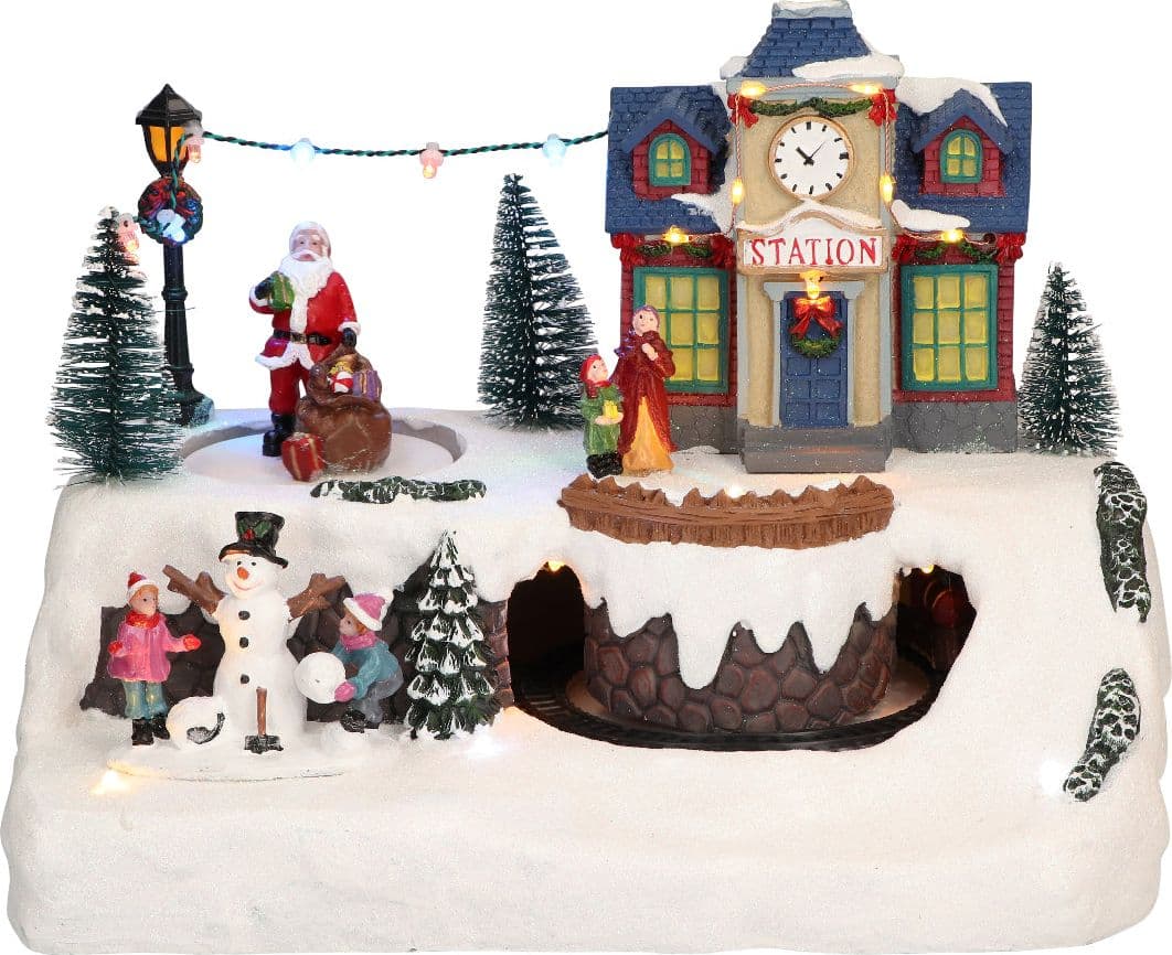 Scena natalizia con treno e tunnel per villaggio di Babbo Natale h 21 cm - 2