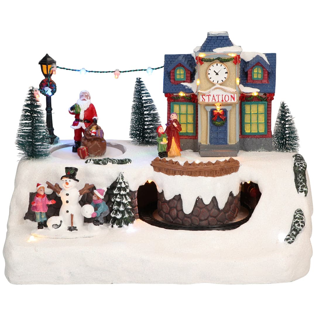 Scena natalizia con treno e tunnel per villaggio di Babbo Natale h 21 cm - 2