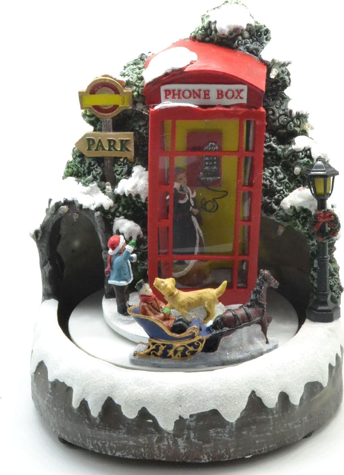 Paesaggio di Natale con cabina telefonica e treno decorazione per villaggio di Babbo Natale con luci e suoni - 2